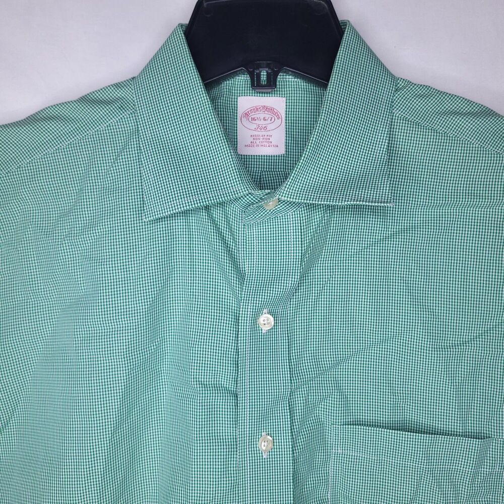 Brooks Brothers Dress Shirt Mens 16.5 Check Green 36/37 Non Iron 346